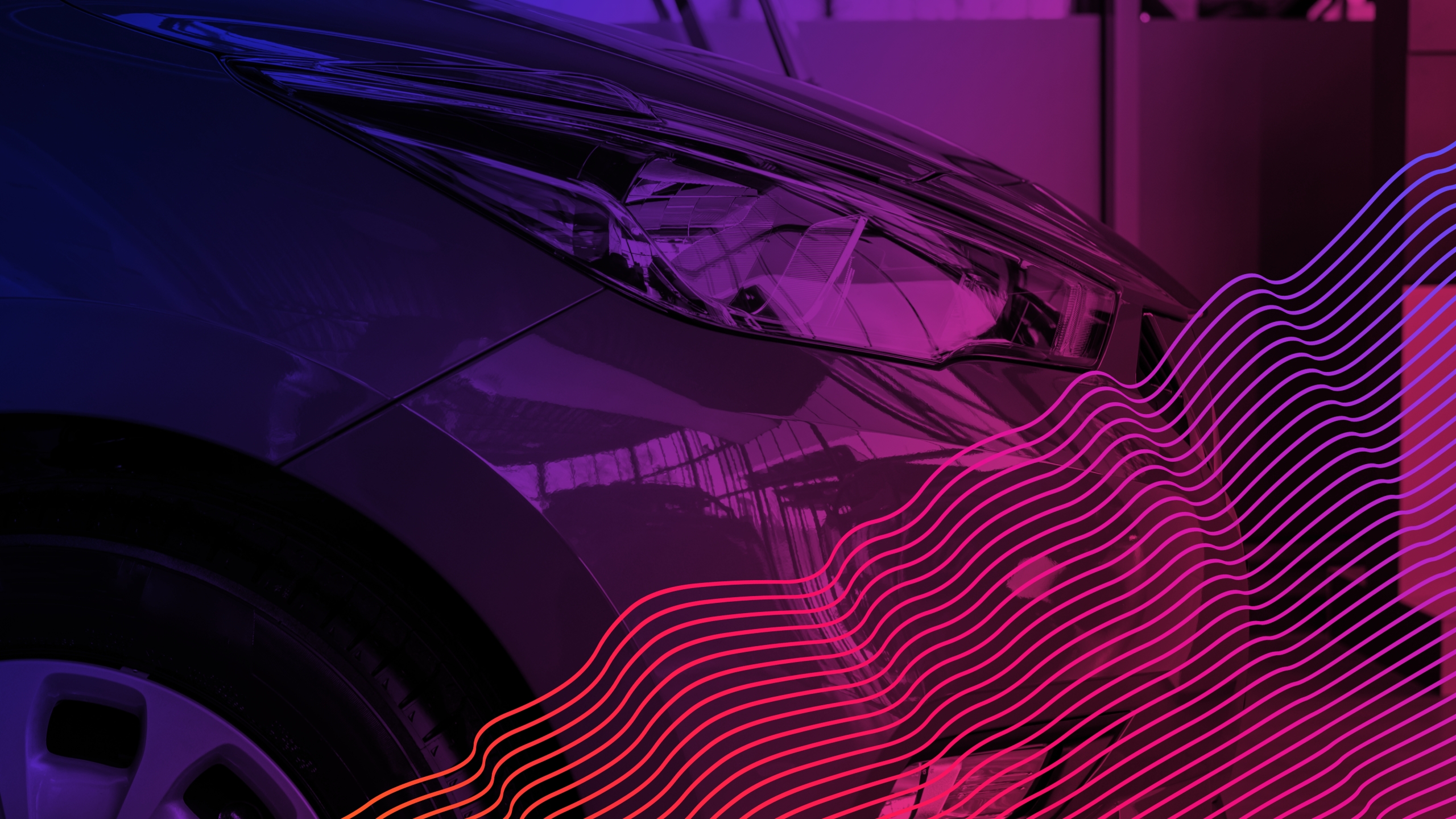Die Vorderseite eines Autos mit einer violetten Überlagerung über dem Bild