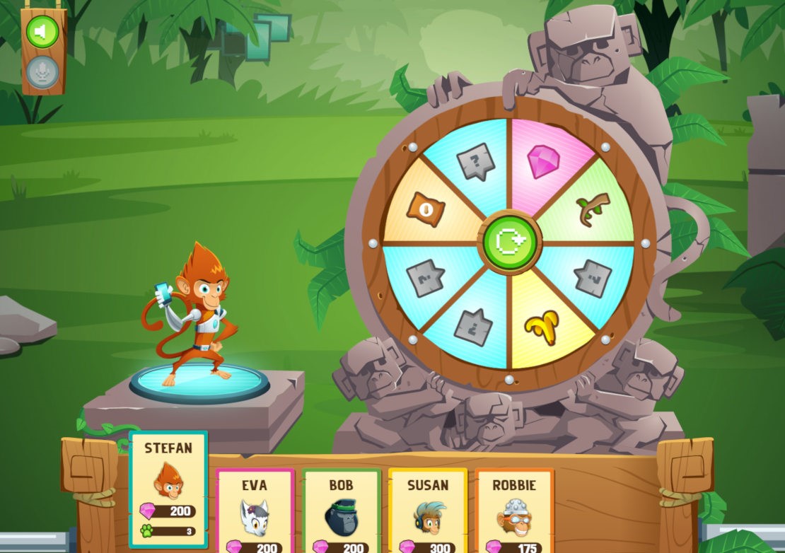 In-game mediajungle screenshot of the characters and a quiz wheel.