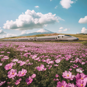 A Shinkansen train passing Mount Fuji, surrounded by blooming purple flowers in the foreground.