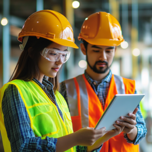 Public works apprentices wearing helmets and safety vests, using a tablet at a construction site or training center. Realistic photo style.
