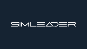 SimLeader name in thin angular white capital letters on a dark navy background.