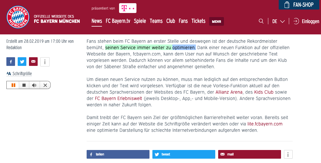 Screenshot of Listen button on FC Bayern Munich's website