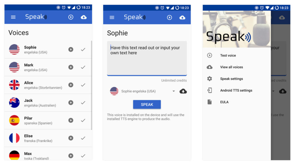 Screenshots of Speak TTS App