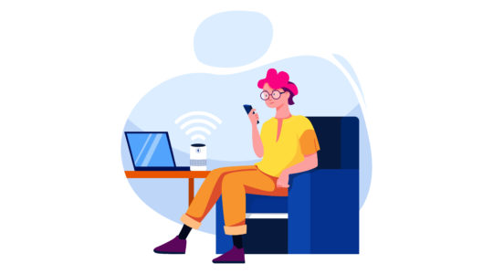 Animated image of person looking at a phone