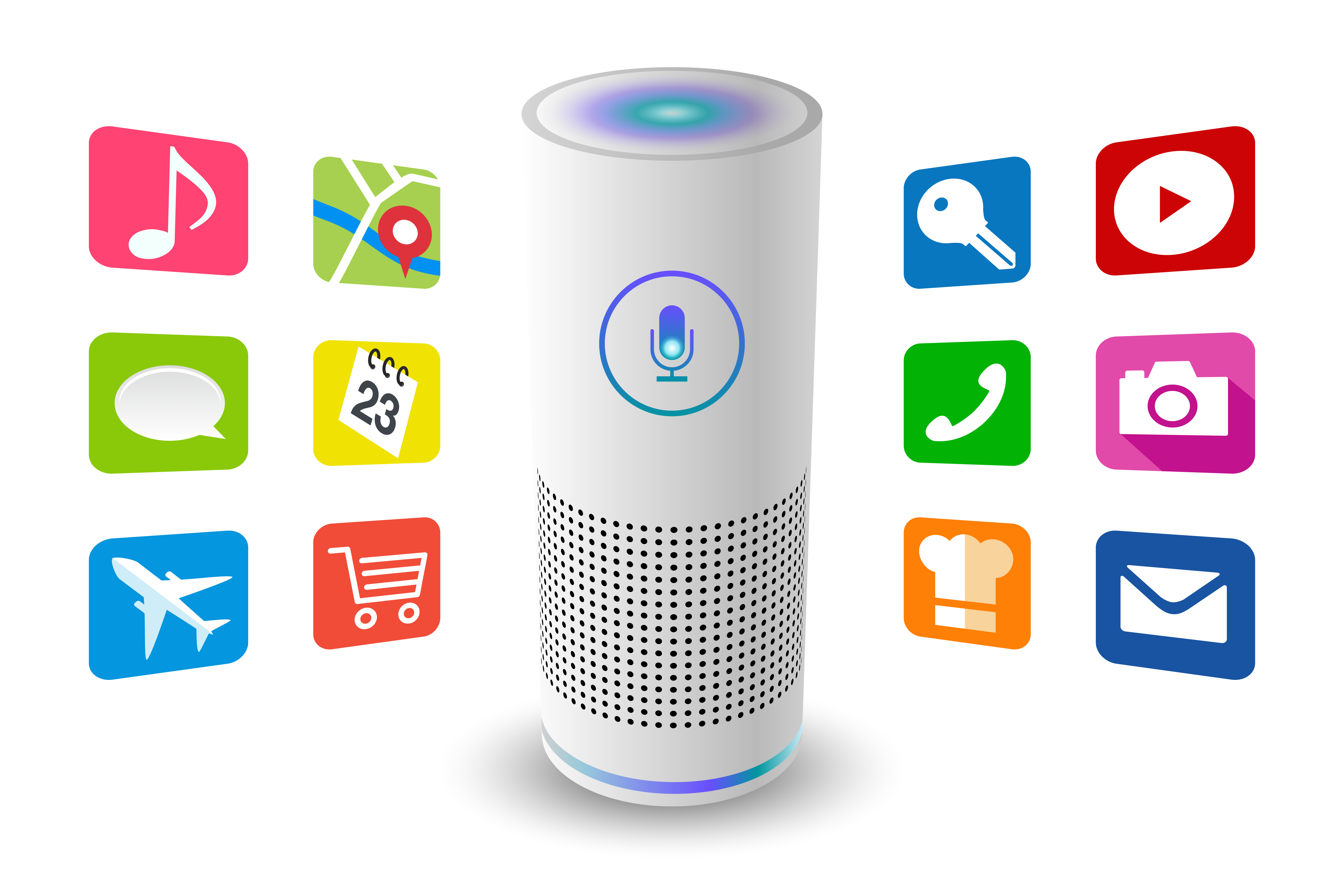 Smart speaker for voice-first platforms with icons describing services and functions offered through these platforms