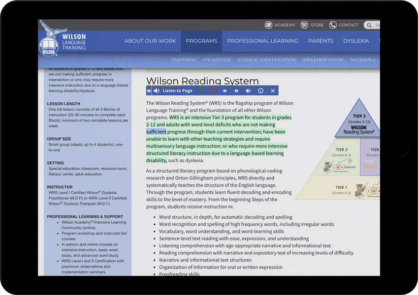 Wilson language screenshot in iPad
